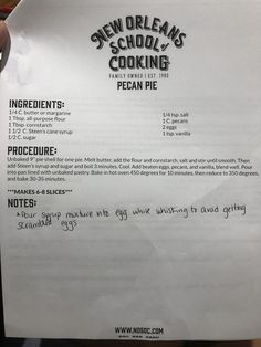 the menu for new orleans's school cooking program is posted on a piece of paper