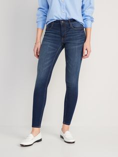 Button closure and zip fly.  Scoop pockets and coin pocket in front; patch pockets in back.  Soft, dark-wash denim, with contrast topstitching and comfortable stretch.  Never-Quit Shape Retention holds its shape and hugs in all the right places, wear Contrast Topstitching, Rockstar Jeans, Middle Aged Women, Jeans For Women, Dark Wash Denim, Ankle Jeans, Mid Rise, Old Navy, Coin