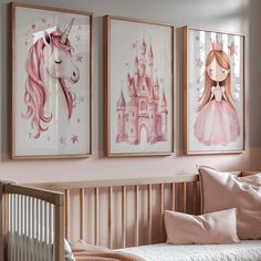 Transform your little princess's room into a magical fairytale world with this charming set of 3 digital unicorn wall art prints. These unique princess unicorn prints are available for instant digital download and are perfect as room decor for girls or as enchanting nursery art. Each set includes three high-quality print files in various sizes, which can be easily printed at home or by a professional printing service: - 24x36 inches (2:3 ratio) >> printable in 4x6/6x9/8x12/10x15/12x18/16x24/20x3 Fairytale Bedroom Kids, Princess And Unicorn Bedroom, Princess Theme Room, Girl Bedroom Wall Art, Enchanting Nursery, Princess Nursery Decor, Castle Mural Girls Room, Castle Wall Art, Disney Princess Nursery Artwork