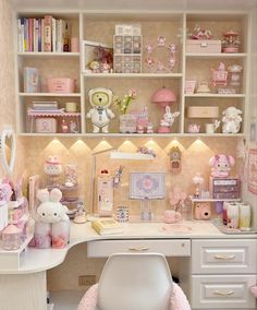 a white desk topped with lots of shelves filled with toys and decorating items on top of it