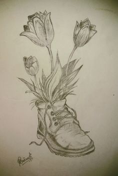 a drawing of a boot with flowers in it