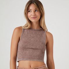 Nwt, Size M/L. A Seamless Knit Tank Top Featuring An Allover Mineral Wash, Round Neckline, And Cropped Hem. - 96% Nylon, 4% Spandex Beige Seamless Crop Top, Casual Brown Cropped Tank Top, Spring Beige Top With Seamless Construction, Spring Beige Tops With Seamless Construction, Trendy Seamless Brown Tank Top, Trendy Ribbed Brown Tank Top, Trendy Brown Ribbed Tank Top, Chic Seamless Brown Crop Top, Chic Brown Seamless Crop Top