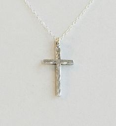 "- Awesome Silver Hammered Cross Pendant, Necklace, in Antique Silver Plated Nickel-Free Pewter with Self-Bail with 925 Sterling Silver Oval Cable Chain. See Photos #1-3. - Cross measures 1 3/8 x 3/4\" and drops 1 3/8\" from the Chain. Cross is reversible and has the same look on both sides. - Chain Length 20\". - 925 Sterling Silver Oval Cable Chain included. - Closure is with a 925 Sterling Silver Lobster Claw Clasp. See Photo #4. - Give us a Note on Etsy at Checkout with a change request and Hand Forged Silver Cross Pendant Necklace, Hand Forged Silver Cross Necklace, Sterling Silver Cross Necklace With Soldered Details, Ring Making, Soldering Jewelry, Silver Cross Pendant, How To Make Rings, Metal Crafts, Cross Pendant Necklace