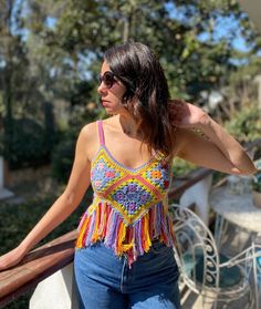 "Welcome to AcrCrochetDesign 💗 Product Details; -\"Colorful Fringed Crochet Crop Top'' This Colorful boho top designed to give you unique look. You can combine this crochet top with high waist jeans,shorts or skirts. Also this crochet crop top looks great as a beach wear or festival top. -Free Shipping to Worldwide ✈️ -İt is completely hand knitted -İt is knitted high quality cotton yarn 🧶 -Some of our products are ready to ship and ship within 1-2 days. Some are made to order and will be read Summer Festival Multicolor Crop Top, Summer Festival Crochet Top With Crochet Trim, Summer Crochet Top With Crochet Trim For Festival, Multicolor Crochet Top With Crochet Trim For Beach, Hippie Crochet Top With Crochet Trim For Festivals, Multicolor Crochet Trim Top For Beach, Cotton Crochet Top With Granny Square For Festival, Multicolor Crochet Trim Beach Top, Handmade Multicolor Crop Top For Beach