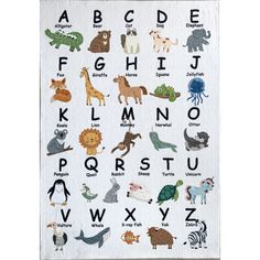 an alphabet poster with animals and letters on the front, hanging from a white wall