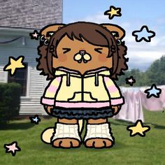 a cartoon girl standing in the grass with stars around her