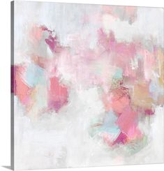 an abstract painting with pink, blue and white colors on the bottom half of it