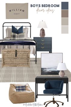 Navy boys bedroom mood board! Decor ideas for a boys room Blue Plaid Bedroom Ideas, Black Bed Navy Bedding, Boys Black Metal Bed, Boys Bedroom With Metal Bed, Twin Black Metal Bed Frame Bedroom Ideas, Boys Room Grey Bed, Navy Rug Bedroom Ideas, Navy Black Bedroom, Boys Room With Navy Bedding