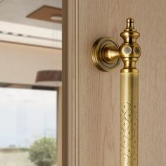 a door handle on a wooden door with a window in the background