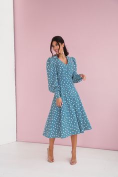 Polka Dot Midi Dress with Puffy Sleeves-baagr.myshopify.com-dress.-BOJONI Sharara Designs, Polka Dot Midi Dress, Dress With Puffy Sleeves, Best Dress, Fabric Structure, Puffy Sleeves, Stylish Dresses, Model Height, Cute Dresses