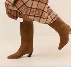 Mid-heel calf boot in cacao brown split suede. Features a padded footbed with gold stamped logo. 2" heel Upper: 100% Cow Leather Outsole: 100% Bovine Leather Loeffler Randall, 2 Inch Heels, Mid Calf Boots, Mid Heel, 7 11, Thom Browne, Cow Leather, Mid Calf, Cow