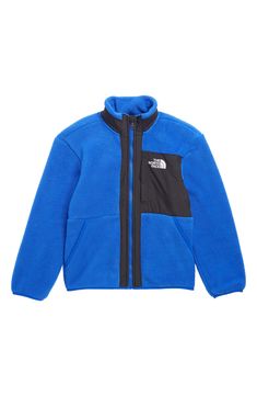 This relaxed-fit jacket made from high-pile fleece is a perfect transitional layer for school days or weekend hikes. Front zip closure with chin guard Stand collar Elastic binding on cuffs and hem Secure-zip chest patch pocket; split kangaroo pocket ID label 100% recycled polyester Machine wash, tumble dry Imported Blue Fleece Jacket For Winter, The North Face Fleece Jacket With Pockets, Blue Fleece Winter Jacket, Blue Fleece Outerwear With Fleece Lining, Blue Fleece Jacket For Fall, Blue Long Sleeve Fleece Jacket For Outdoor Activities, Blue Fleece Jacket For Fall Streetwear, Blue Sherpa Outerwear For Fall, The North Face Fleece Jacket With Fleece Lining