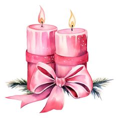 two pink candles with bows and pine cones on top, watercolor drawing by hand