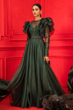 Shop for Mahima Mahajan Green Net Embroidered Ruffle Gown for Women Online at Aza Fashions Dark Green Gown, Mahima Mahajan, Organza Gowns, Ruffle Gown, Global Dress, Embroidered Crop Tops, Green Gown, Embellished Blouse, Embroidered Neckline