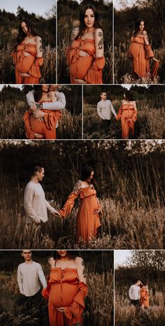 a woman in an orange dress is holding her husband's hand while they are walking through tall grass