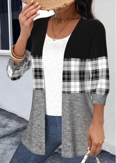 Color:Black;Size:S;Size:M;Size:L;Size:XL;Size:XXL;Package Contents:1 X Light cardigan;Occasion:Other;Style:Casual; Black Patchwork Cardigan For Layering, Black 3/4 Sleeve Outerwear For Fall, Black 3/4 Sleeve Cardigan For Fall, Black Patchwork Cardigan For Fall, Fall Black Cardigan With Patchwork, Black Long Sleeve Patchwork Cardigan, Black Patchwork Cardigan, Elegant Dresses Plus Size, Light Cardigan