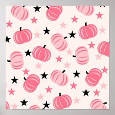 a pink and black wallpaper with stars and pumpkins