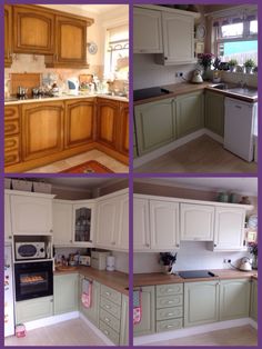 four different pictures of kitchen cabinets and appliances