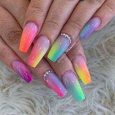 Rave Nails, Ombre Acrylic Nails, Dope Nail Designs, Coffin Nails Long, Summer Acrylic Nails, Rainbow Nails, Coffin Nails Designs