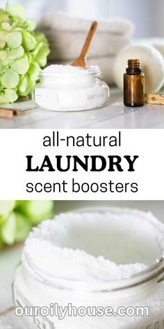 the ingredients for an all - natural laundry scent booster are shown in this collage