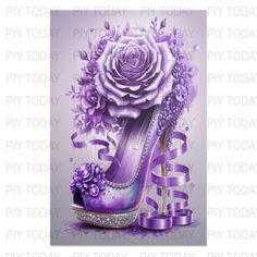 a purple high heeled shoe with flowers on the side and ribbon around it, in front of a gray background