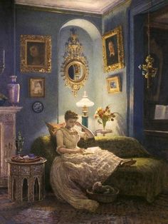 a painting of a woman sitting on a bed in a room with blue walls and paintings