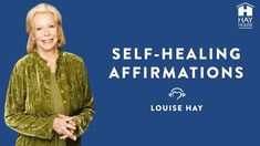 a woman with her arms crossed in front of the words self - heating affirmations