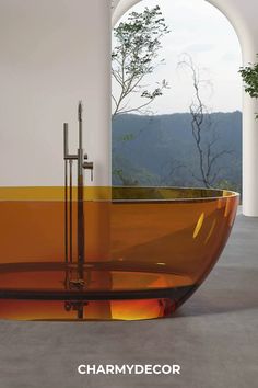 Light Brown Oval Bathtub with Scenic View