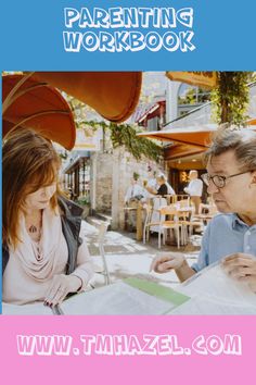 a man and woman sitting at a table in front of a pink background with the words, parenting workbook