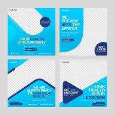 four blue flyer templates with rounded shapes