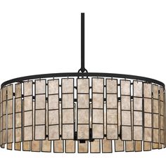 a chandelier hanging from a ceiling fixture with beige shades and squares on it