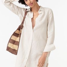 New With Tags Jcrew Linen-Cotton Blend Beach Shirt Linen/Cotton. Machine Wash. Import. Neutral Long Sleeve Tops For Vacation, Long Sleeve Neutral Tops For Vacation, Neutral Long Sleeve Beach Top, Tunic Tops Summer, Collard Shirt, Cotton Tunic Tops, Denim Tunic, Linen Tunic Tops, Shirt Linen