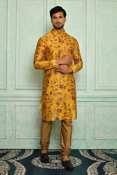 Yellow chanderi kurta with floral printed motifs and front buttons. Paired with antique churidar.
Component: 2
Pattern: Printed
Type Of Work: Floral
Neckline: Mandarin
Sleeve Type: Full
Fabric: Chanderi, Cotton
Color: Yellow
Other Details: 
Front buttons
Floral motifs
Occasion: Mehendi and Puja - Aza Fashions Bollywood Style Straight Kurta With Kalamkari Print, Designer Kalamkari Print Churidar For Diwali, Bollywood Style Kalamkari Print Kurta, Festive Straight Kurta With Kalamkari Print, Festive Salwar Kameez With Kalamkari Print, Traditional Churidar With Kalamkari Print For Designer Wear, Festive Kalamkari Salwar Kameez With Straight Kurta, Designer Kalamkari Print Churidar For Navratri, Straight Kurta With Printed Motifs For Transitional Season