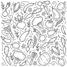 a black and white pattern with vegetables