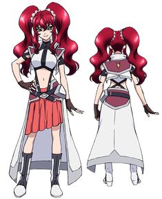 an anime character with long red hair wearing a white dress and black boots, standing next to another character