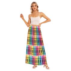 Crayons, Crayons, Crayons for days! This skirt is 100% polyester and has a side split. Flowy Multicolor Maxi Skirt For Day Out, Multicolor Maxi Skirt With Elastic Waistband For Day Out, Day Out Multicolor Lined Maxi Skirt, Multicolor Lined Maxi Skirt For Day Out, Side Split Skirt, Womens Skirts, Split Skirt, Side Split, Crayon