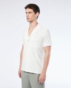 Ideal for bringing along on balmy vacations, our button-down Terry Camp Shirt is inspired by the look of classic cabana styles. It’s tailored in ultra-soft cotton toweling with short sleeves, a patch pocket, and side slits at the hem. Classic cabana style Short sleeves Patch pocket Side slits at the hem True to size. White Camp Collar Short Sleeve Shirt For Vacation, White Camp Collar Shirt For Vacation, White Short Sleeve Shirt With Camp Collar For Vacation, Vacation Short Sleeve Shirt With Camp Collar, Summer Camp Shirt With Placket And Lapel Collar, Relaxed Fit Camp Shirt With Johnny Collar For Vacation, Classic Camp Collar Tops For Beach, White Camp Shirt With Pockets And Camp Collar, Linen Camp Shirt With Camp Collar