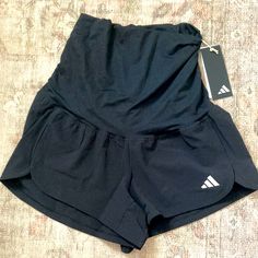 Brand New Maternity Running Shorts Stretchy, Training Shorts That Fit Over Baby Bump Adidas Bottoms For Summer Loungewear, Adidas Loungewear Bottoms For Summer, Adidas Summer Loungewear Bottoms, Casual Black Athletic Shorts With Wide Waistband, Adidas Gym Bottoms Short Length, Adidas Stretch Bottoms For Workout, Adidas Stretch Short Bottoms, Adidas Black Athletic Shorts For Workout, Black Adidas Activewear For Loungewear