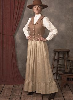 New for 2023! Your Choice / uPick / You Pick: circa 1880's Misses Western Historical Period Costume Sewing Patterns (see my other sales for the two corresponding Men's patterns) M8397 - BLOUSE & DAY SKIRT - Top is darted in the front and has princess seams in back. Three-quarter sleeves are trimmed with lace and ribbon bow. Top buttons at the front, is boned at the sides and back, and has lace trim at the neck and collar. Long A-line skirt has rows of eyelet and ribbon trims. The skirt and bustl Margaret Dutton, Old Western Outfits Women, Wild West Outfits, Wild West Costumes, Wild West Cowgirl, Long A Line Skirt, Western Wild, Costume Sewing, Western Costumes