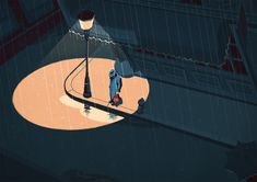 an animated image of a person on a skateboard riding in the rain at night