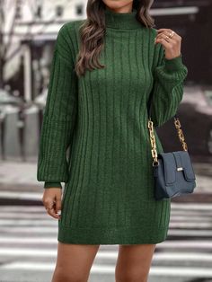 Green Casual Collar Long Sleeve Fabric Plain  Embellished High Stretch All Women Clothing Knitted Winter Dress, Lantern Sleeve Sweater, Chique Outfits, Outfit Chic, Solid Sweaters, Turtleneck Sweater Dress, Estilo Chic, High Neck Sweater, Womens Turtleneck