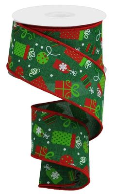 a green and red christmas ribbon with presents on the front, one roll is shown