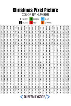 the christmas pixel picture color by number is shown in red, green, and blue