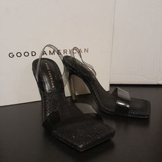 Elevate Your Shoe Game With These Stunning Good American Women's Crystal Crush Lucite Stiletto Heels. The Black Synthetic Upper Material Is Accented With Glitter, Making It A Perfect Choice For A Night Out Or A Special Occasion. The Square Toe Shape And Ultra-High Heel Style (4 Inches And Higher) Provide A Comfortable Fit And Add A Touch Of Elegance To Any Outfit. These Slingback Style Heels Feature A Slip-On Closure, Making Them Easy To Wear And Take Off. The Stiletto Heel Style Provides A Clas Good American, Black Glitter, American Women, Shoe Game, Stiletto Heel, Women's Pumps, Shoe Collection, High Heel, Shoes Women Heels