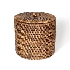 a round wicker basket with lid