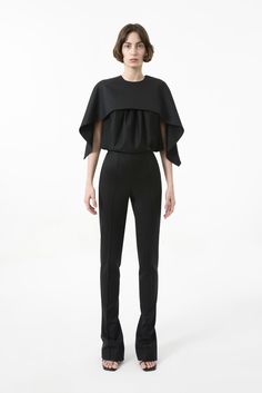 Lightweight wool slim pants. High waist. Stitched. Functional pockets. Zipper fastening. Bottom slits at the back. Color: black. Shell: 100% Virgin Wool Made in Georgia Scallop Dress, Cape Blouse, Scalloped Dress, Crop Blouse, Slim Pants, Pants Black, Flared Sleeves, Straight Leg Pants, Moda Operandi