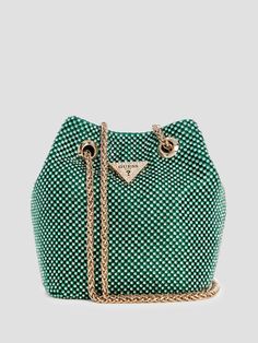 Rhinestone-encrusted metal mesh pouch bag Gold-tone hardware and triangle emblem Mini bucket silhouette Single-compartment construction Chain-link drawstring strap Drawstring closure Lined Convertible crossbody strap with 10"-21.25" drop 5.75"W x 5.75"H x 3.75"D Luxury Green Bucket Bag For Evening, Luxury Evening Bag With Chain Strap In Bucket Shape, Luxury Bucket Evening Bag With Chain Strap, Luxury Crossbody Bucket Bag For Party, Evening Bucket Bag With Chain Strap, Arizona Outfits, Mini Pouch Bag, Nice Handbags, Bag Guess