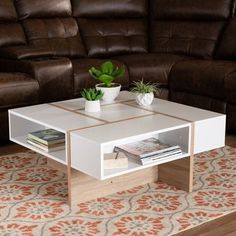 a white coffee table with two plants on top