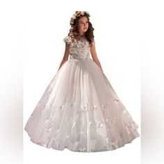 Flower Girl Dresses For Wedding Ball Gown Long Lace Appliques Tulle Party Pageant Dress For Kids Princess Gown For Debutante Ball, Princess Style Ball Gown First Communion Dress, Ball Gown For First Communion, Princess Style First Communion Dress In Organza, White Princess Dress For Debutante Ball, Tulle Floor-length Ball Gown For Dress-up, Princess Style White Floor-length Ball Gown, White Princess Ball Gown Floor-length, White Princess Floor-length Ball Gown