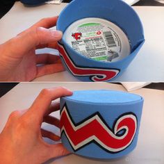 two pictures of a blue cup with red and white designs on it, one showing the inside